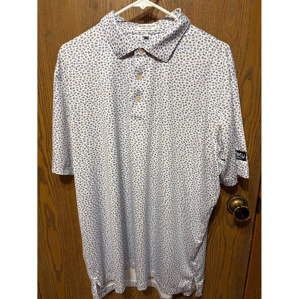 Peter Millar Summer Comfort Polo Shirt Men Large L Blue White Travel Icon Print
